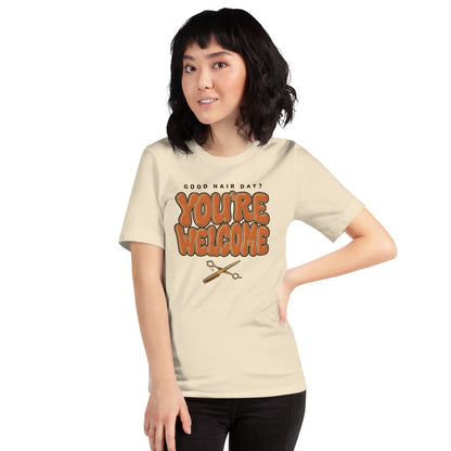 Funny hairstylist Good Hair Day You're Welcome tee — Heather Natural, on model