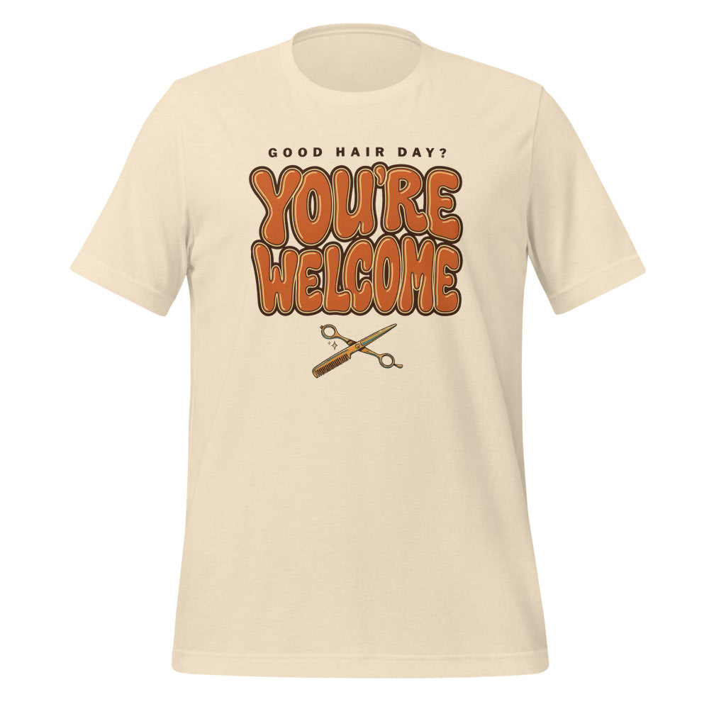 Funny hairstylist Good Hair Day You're Welcome tee — Heather Natural, front