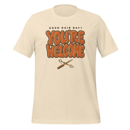 Funny hairstylist Good Hair Day You're Welcome tee — Heather Natural, front