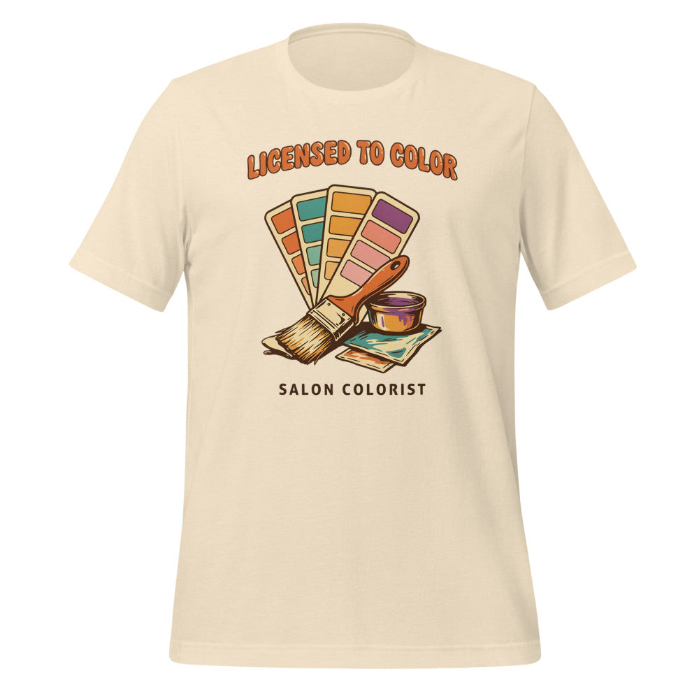 Salon colorist Licensed to Color retro tee — Heather Natural, front