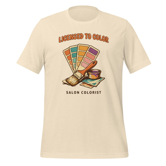 Salon colorist Licensed to Color retro tee — Heather Natural, front