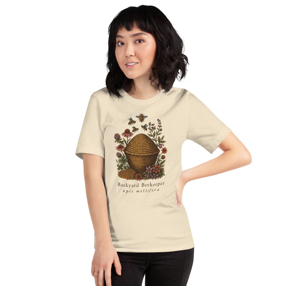 Backyard Beekeeper field-guide bee tee — Heather Natural, on model