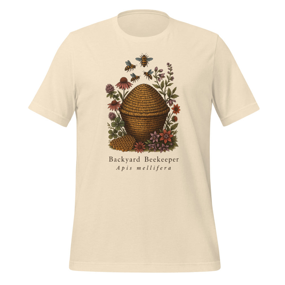 Backyard Beekeeper field-guide bee tee — Heather Natural, front