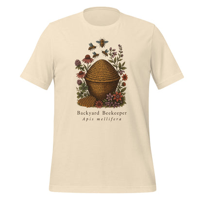 Backyard Beekeeper field-guide bee tee — Heather Natural, front