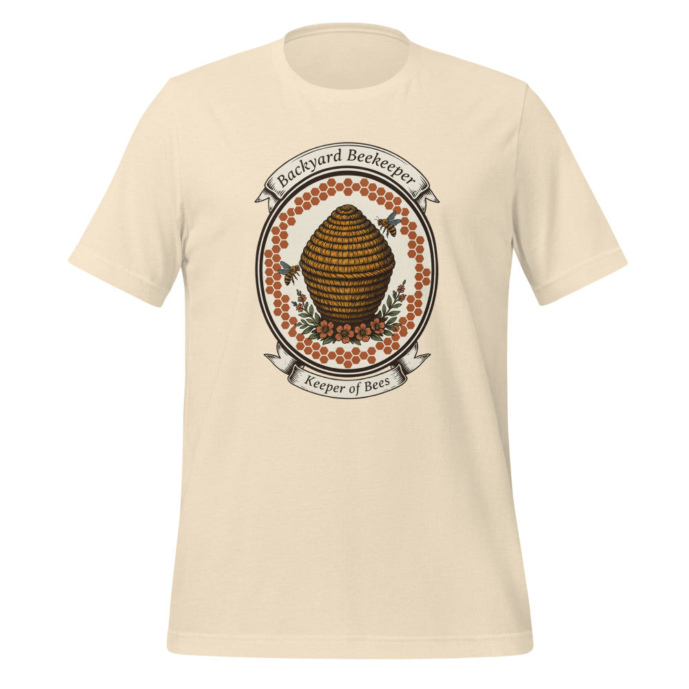 Backyard Beekeeper Keeper of Bees vintage apiary crest tee — Heather Natural, front