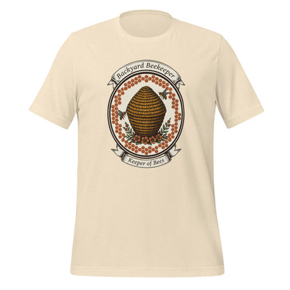 Backyard Beekeeper Keeper of Bees vintage apiary crest tee — Heather Natural, front