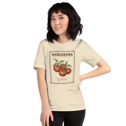Homegrown Heirloom Seed Packet gardening tee — Heather Natural, on model