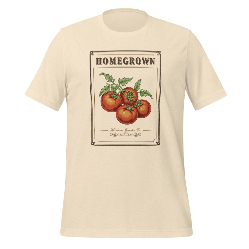 Homegrown Heirloom Seed Packet gardening tee — Heather Natural, front