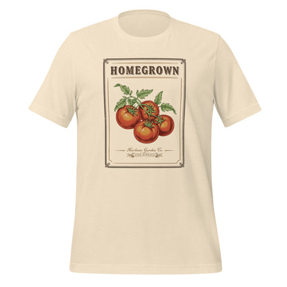 Homegrown Heirloom Seed Packet gardening tee — Heather Natural, front