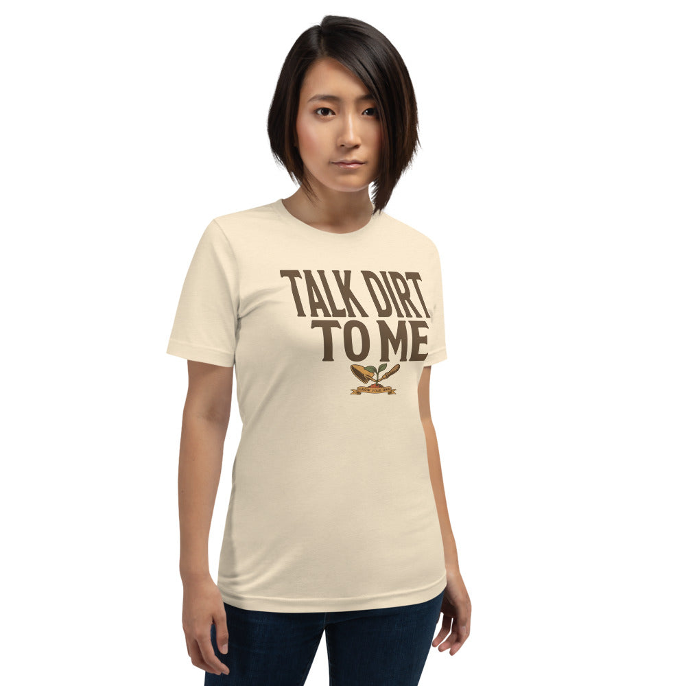 Talk Dirt To Me funny gardening tee — Heather Natural, on model