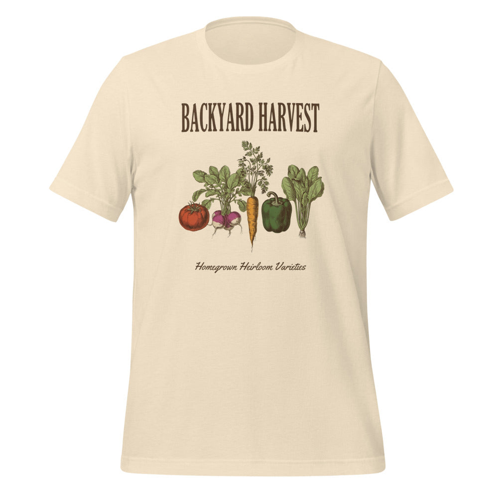 Backyard Harvest heirloom vegetable gardening tee — Heather Natural, front