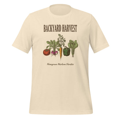 Backyard Harvest heirloom vegetable gardening tee — Heather Natural, front