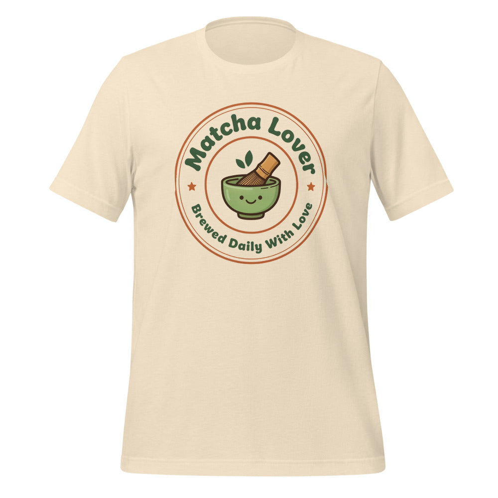 Matcha Lover retro café badge tee — Heather Natural, front