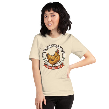 Backyard Flock heritage chicken keeper tee — Heather Natural, on model