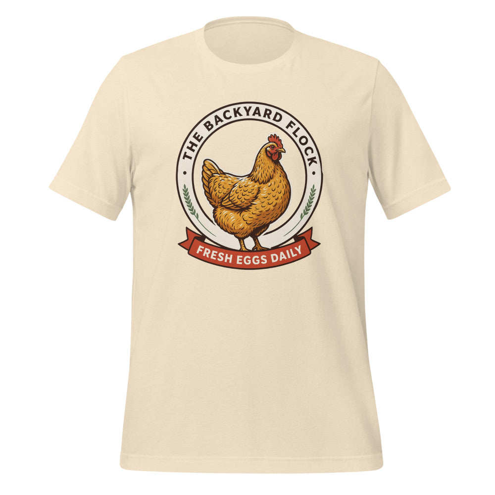Backyard Flock heritage chicken keeper tee — Heather Natural, front