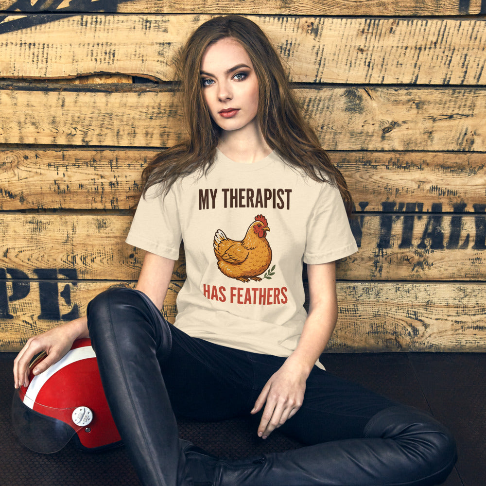 My Therapist Has Feathers funny chicken keeper tee — Heather Natural, on model