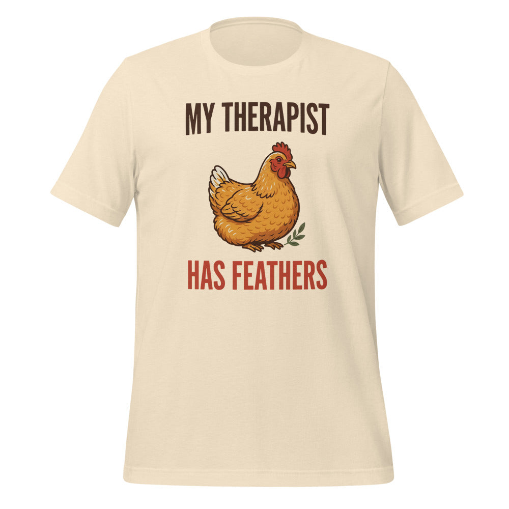 My Therapist Has Feathers funny chicken keeper tee — Heather Natural, front