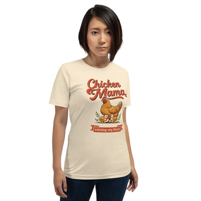 Chicken Mama raising my flock chicken keeper tee — Heather Natural, on model