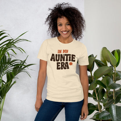 In My Auntie Era retro groovy aunt tee — Heather Natural, on model