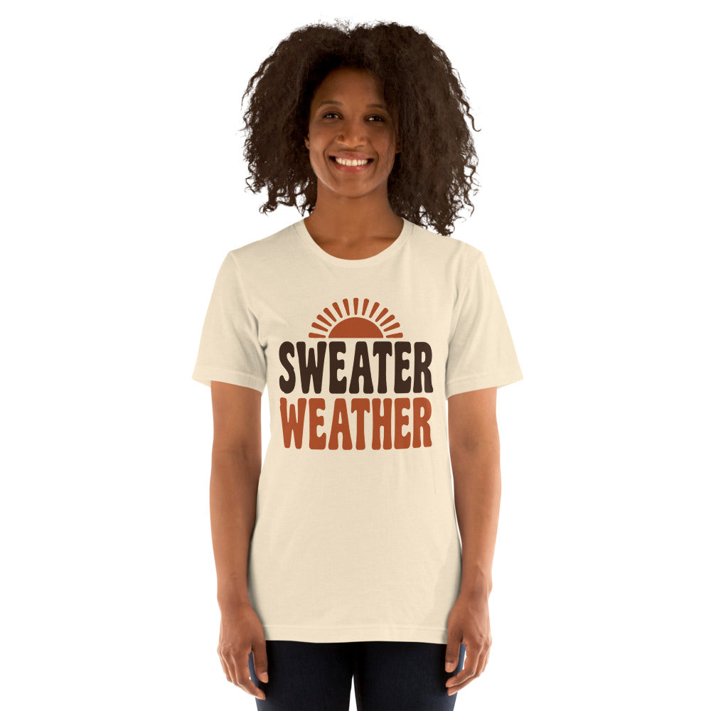 Sweater Weather retro 70s fall t-shirt — Heather Natural, on model