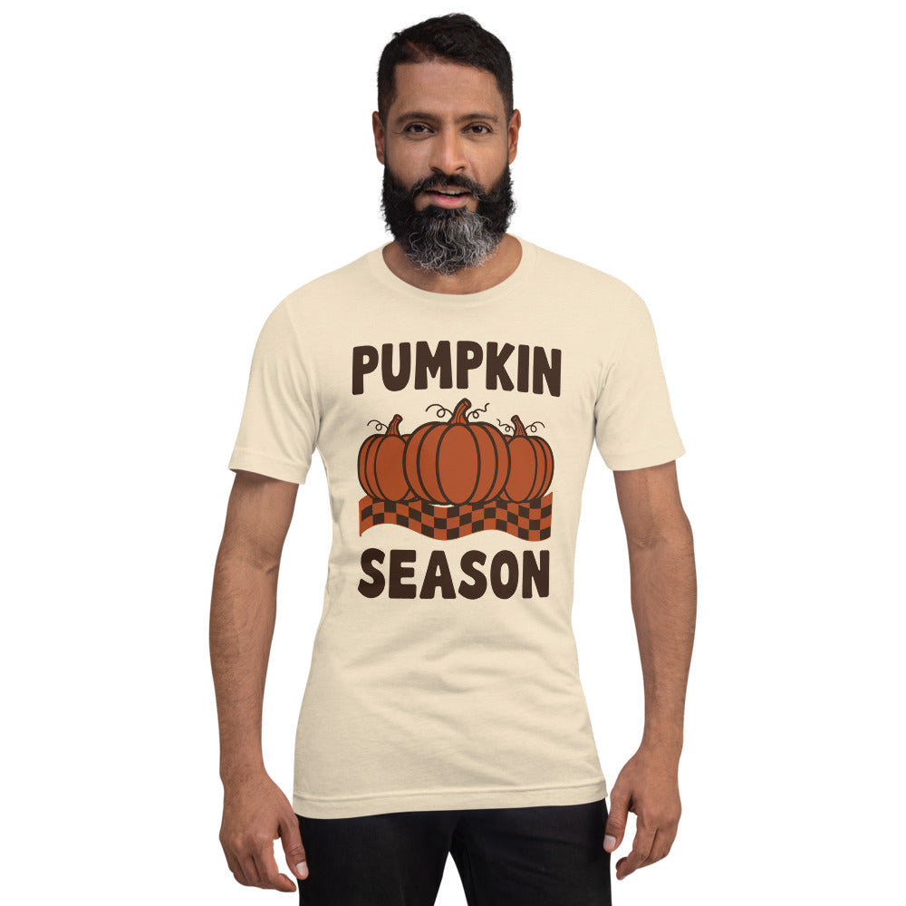 Pumpkin Season retro 70s fall t-shirt — Heather Natural, on model