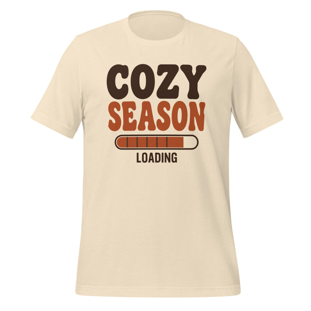 Cozy Season Loading retro 70s fall t-shirt — Heather Natural, front