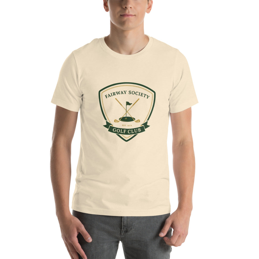 Fairway Society vintage golf club crest tee — Heather Natural, on model