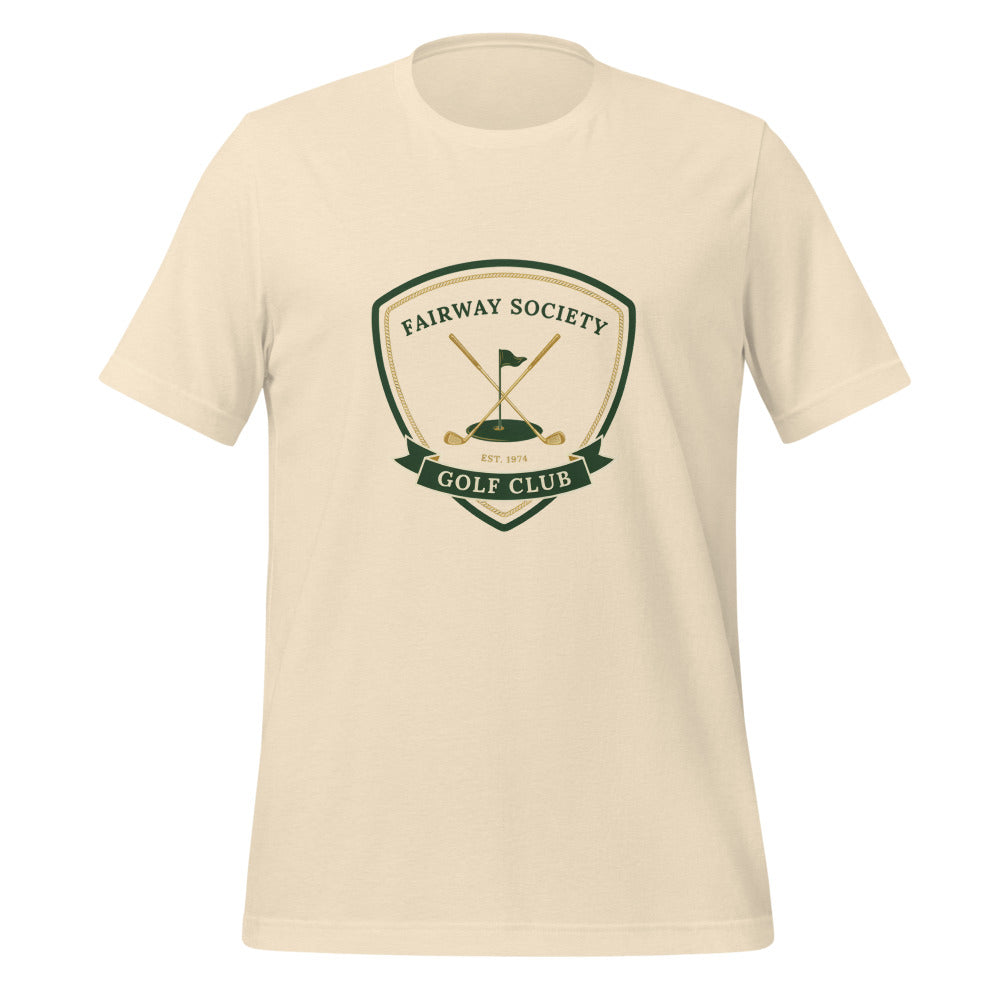 Fairway Society vintage golf club crest tee — Heather Natural, front