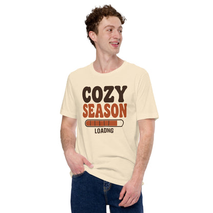 Cozy Season Loading retro 70s fall t-shirt — Heather Natural, on model