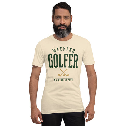 Weekend Golfer vintage golf wordmark tee — Heather Natural, on model
