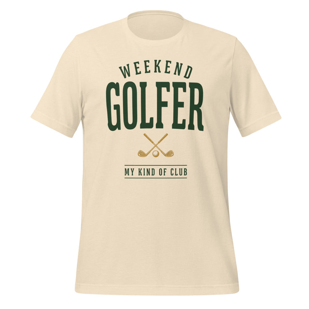 Weekend Golfer vintage golf wordmark tee — Heather Natural, front