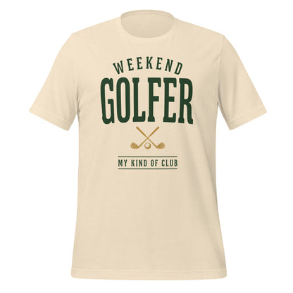 Weekend Golfer vintage golf wordmark tee — Heather Natural, front