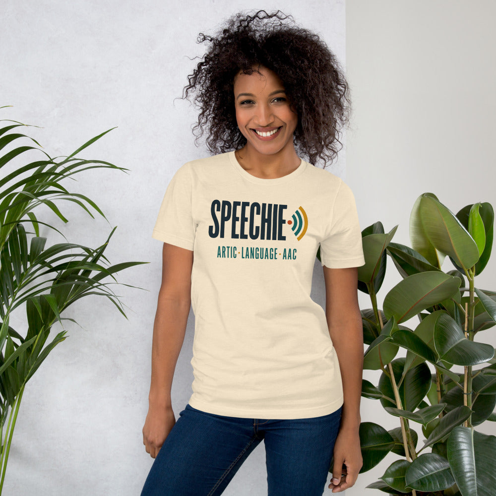 Speechie Wordmark speech therapy tee — Heather Natural, on model
