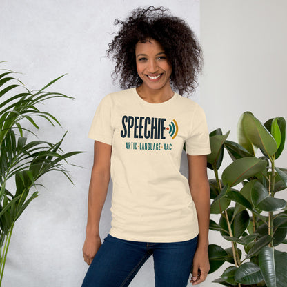 Speechie Wordmark speech therapy tee — Heather Natural, on model