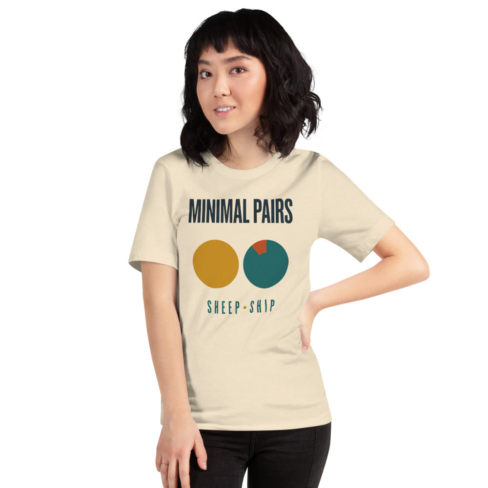 Minimal Pairs speech therapy tee — Heather Natural, on model