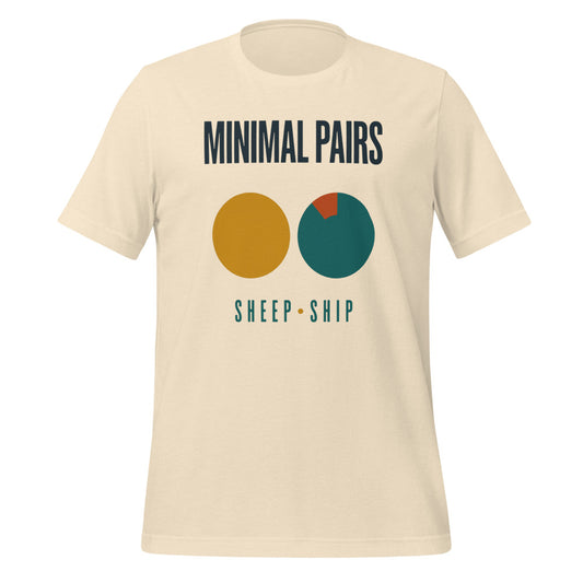 Minimal Pairs speech therapy tee — Heather Natural, front