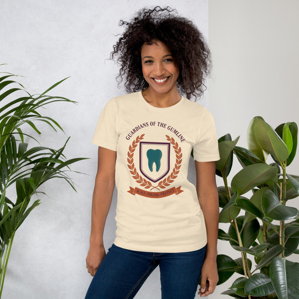 Guardians of the Gumline dental hygienist tee — Heather Natural, on model