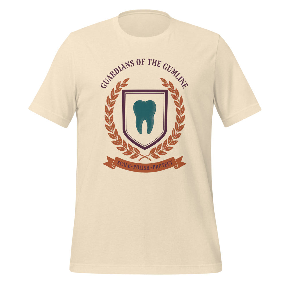 Guardians of the Gumline dental hygienist tee — Heather Natural, front