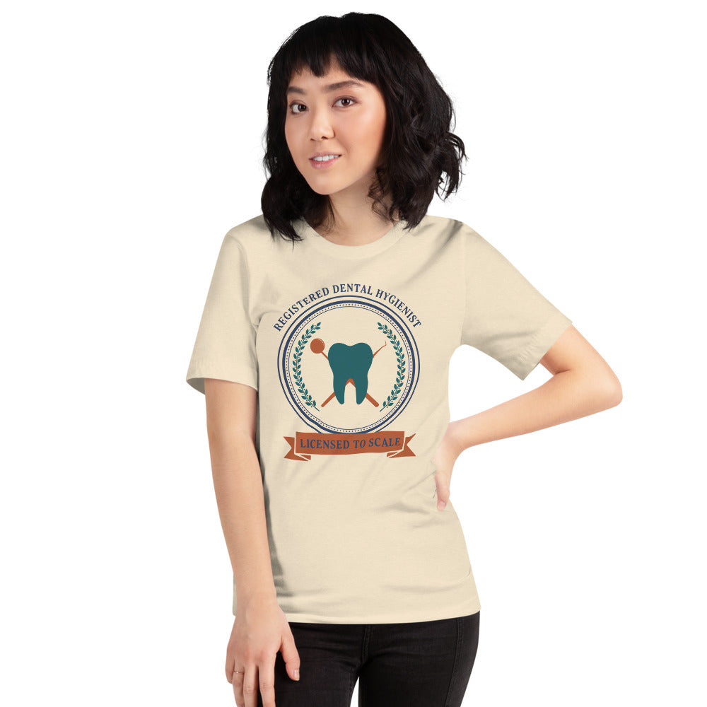 Licensed to Scale registered dental hygienist tee — Heather Natural, on model