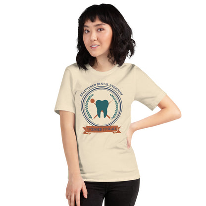 Licensed to Scale registered dental hygienist tee — Heather Natural, on model