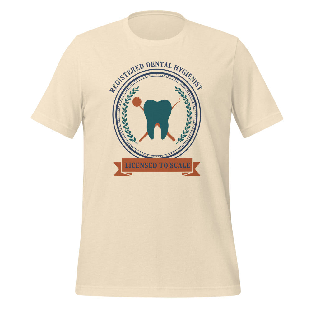 Licensed to Scale registered dental hygienist tee — Heather Natural, front
