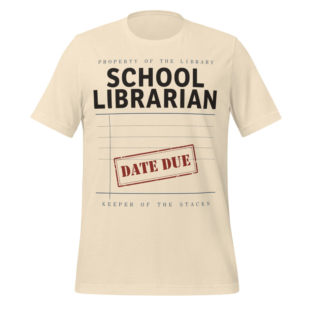 Property of the School Library card catalog school librarian tee — Heather Natural, front