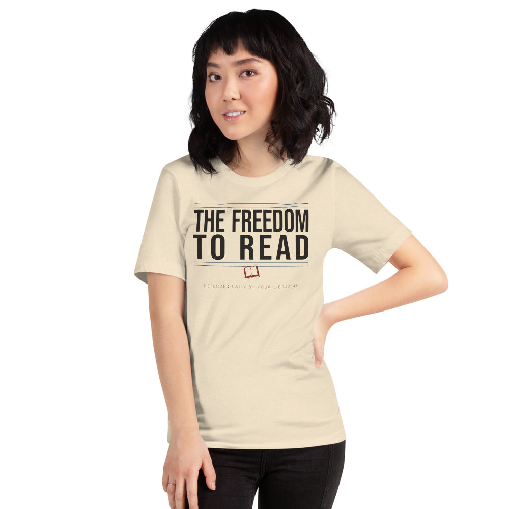 The Freedom to Read school librarian tee — Heather Natural, on model