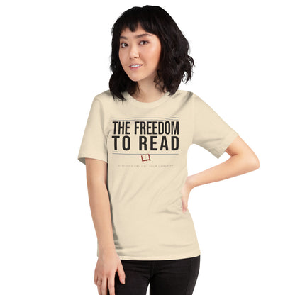 The Freedom to Read school librarian tee — Heather Natural, on model