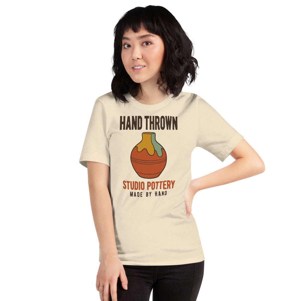 Hand Thrown Studio Pottery retro poster t-shirt — Heather Natural, on model
