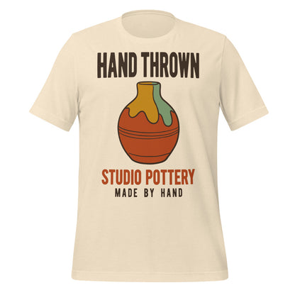 Hand Thrown Studio Pottery retro poster t-shirt — Heather Natural, front