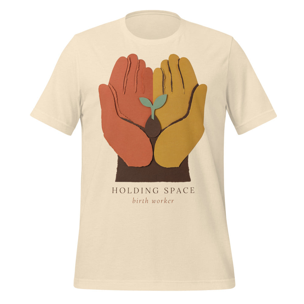 Holding Space birth worker doula t-shirt — Heather Natural, front