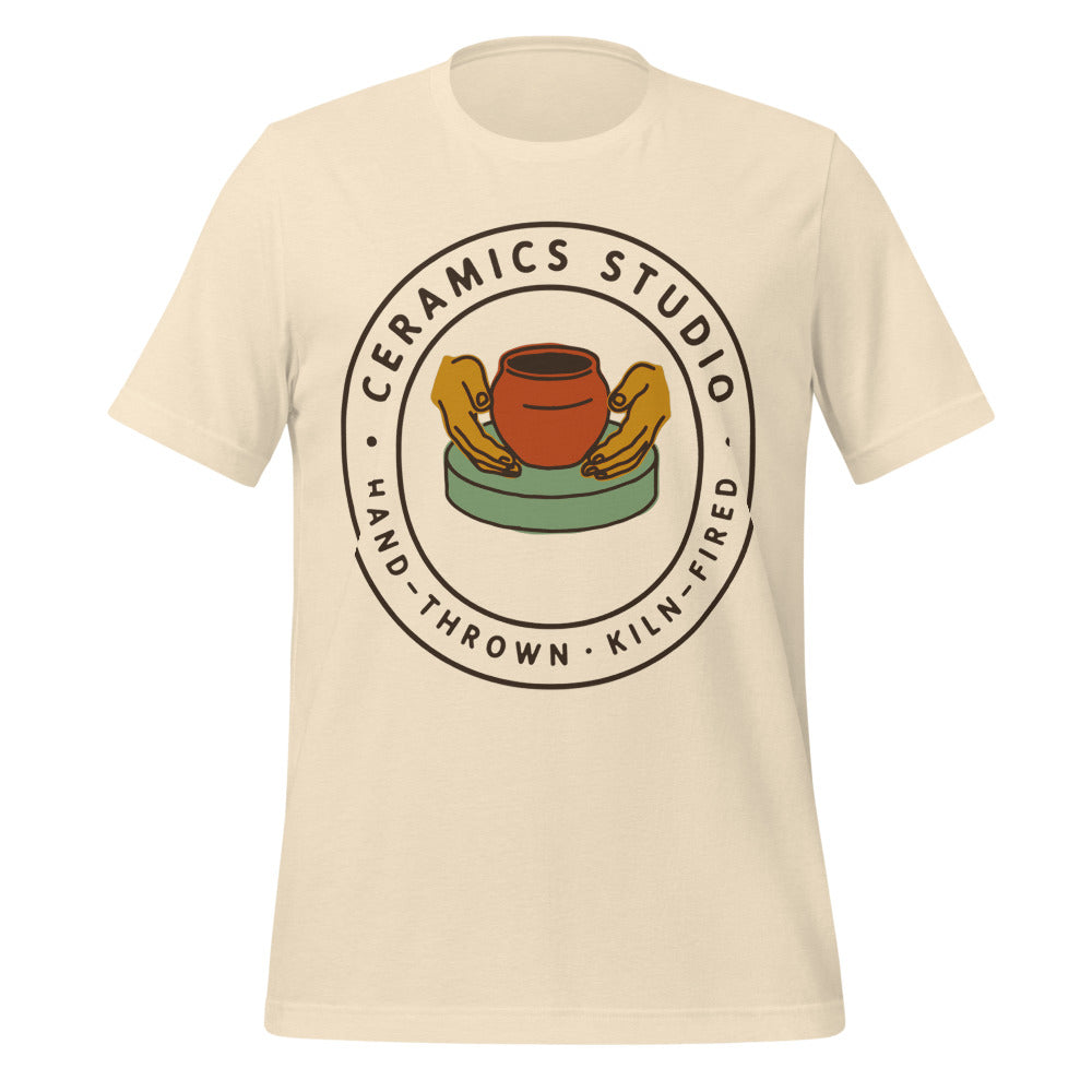 Ceramics Studio Badge hand-thrown pottery t-shirt — Heather Natural, front
