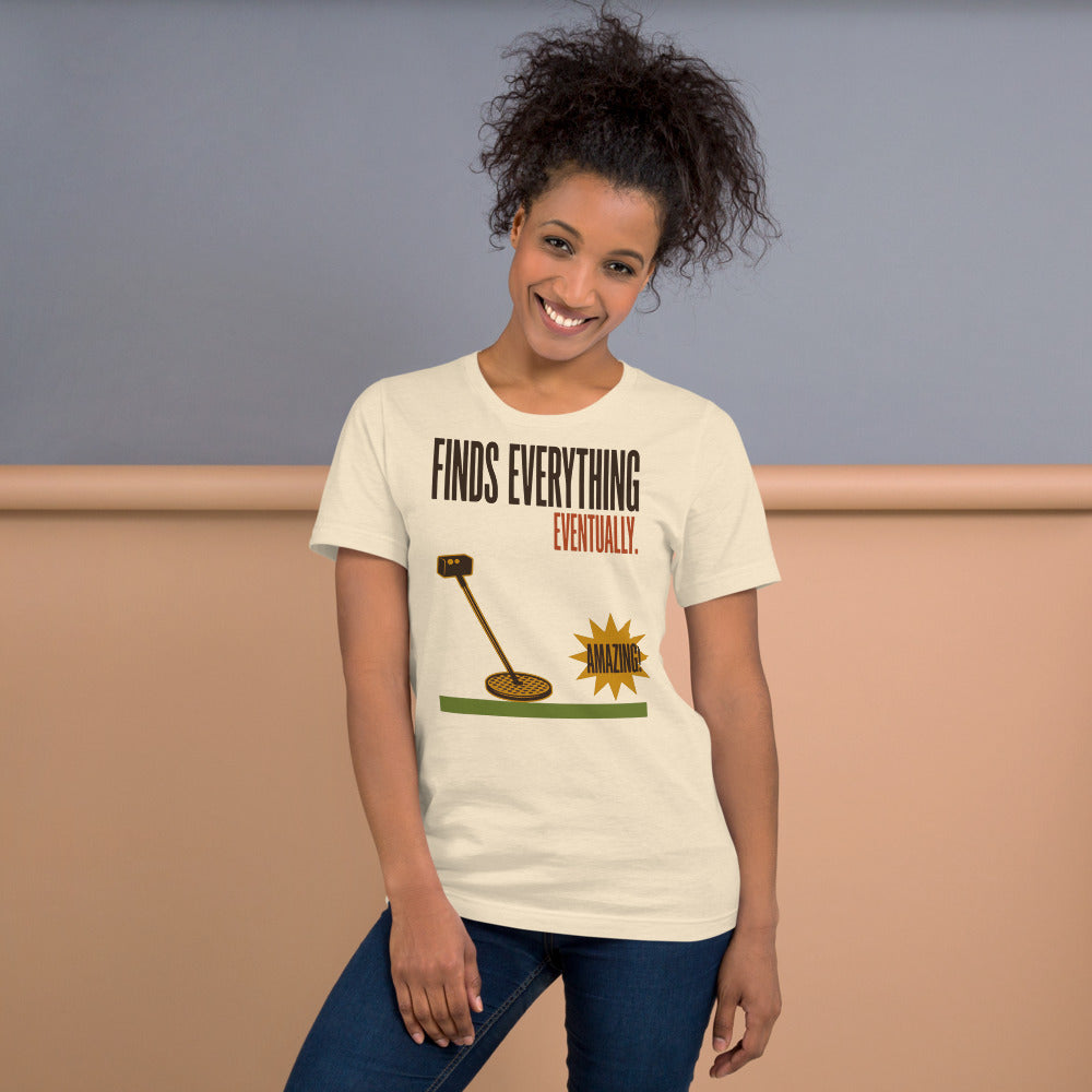 Finds Everything Eventually retro metal detecting tee — Heather Natural, on model