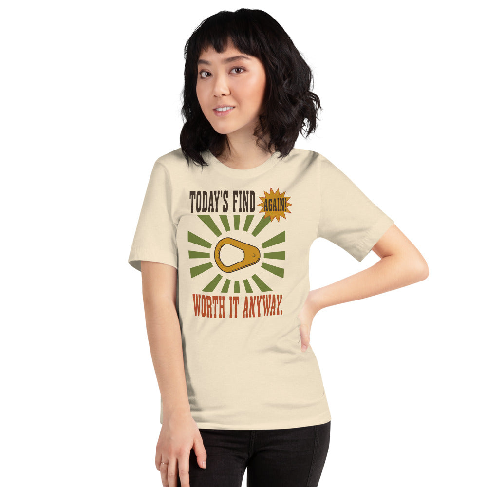 Today's Find pull tab retro metal detecting tee — Heather Natural, on model
